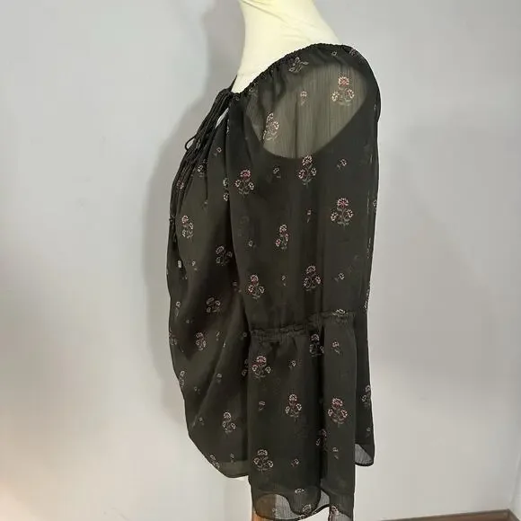 WHBM Whimsigoth Top Sheer Floral Bell Sleeve Peasant Boho Fairy Goth Vamp Green - Picture 9 of 11